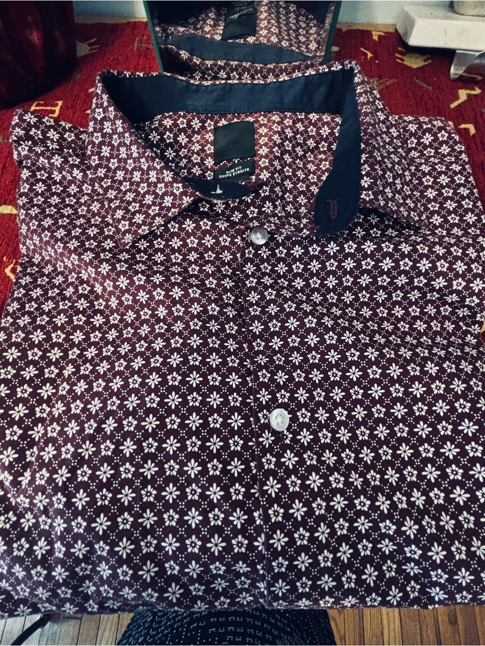 H&M Burgundy Floral Casual Button-Down Shirt